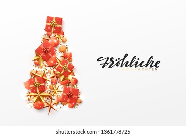 German text Frohliche Weihnachten. Christmas greeting card. Creative composition in shape Xmas tree, with elegant stars and baubles balls, boxes gift.