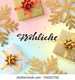 German text Frohliche Weihnachten. Christmas background with shining gold snowflakes and gift box.