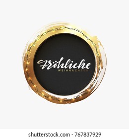 German text Frohliche Weihnachten. Christmas greeting illustration. Round hole, black abstract frame, with bright light golden garlands. Xmas Background, vector cards 