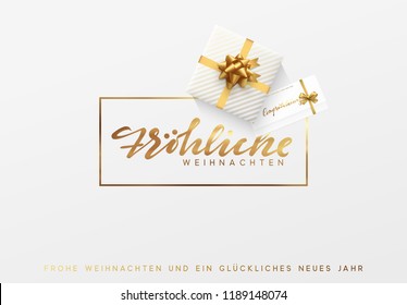 German text Frohliche Weihnachten. Merry Christmas gold lettering in a frame background. Vector illustration