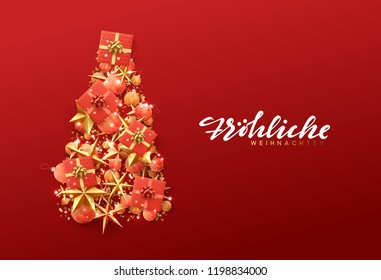 German text Frohliche Weihnachten. Merry Christmas greeting card. Creative composition in shape Xmas tree, with elegant stars and baubles balls, boxes gift.