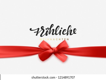 German text Frohliche Weihnachten. Merry Christmas Holiday background. Handwritten text, realistic textured pattern, pull ribbon bow.