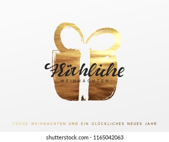 German text Frohliche Weihnachten (Translation Happy New Year and Merry Christmas). Gold Christmas greeting card, Golden Xmas surprise gift box.