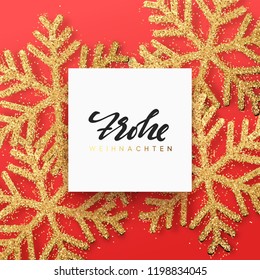 German text Frohliche Weihnachten. Xmas background with Shining gold Snowflakes. Lettering Merry Christmas greeting card vector Illustration.