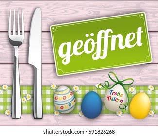 German text Geoeffnet, translate We Are Opened. Eps 10 vector file.