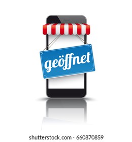 German text Geoffnet, translate Open. Eps 10 vector file. 