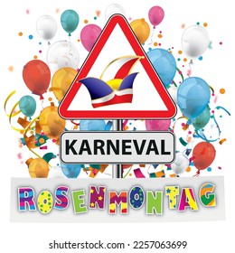 Texto alemán Jetzt Karneval Rosenmontag, traducir Lunes de Carnaval. Archivo vectorial Eps 10.