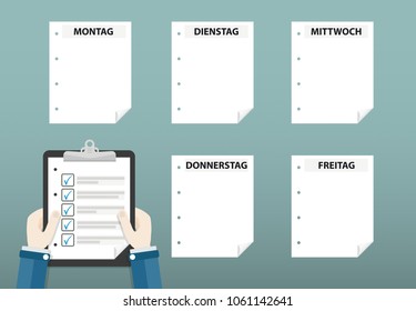 German text Montag to Freitag, translate Monday to Friday. Eps 10 vector file.