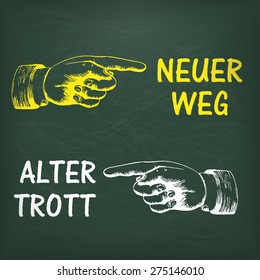 German text "Neuer weg" and "Alter Trott", translate "New Way" and "Old Way". Eps 10 vector file.