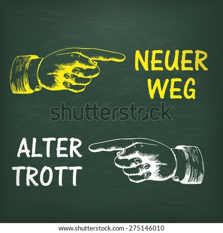 German text "Neuer weg" and "Alter Trott", translate "New Way" and "Old Way". Eps 10 vector file.