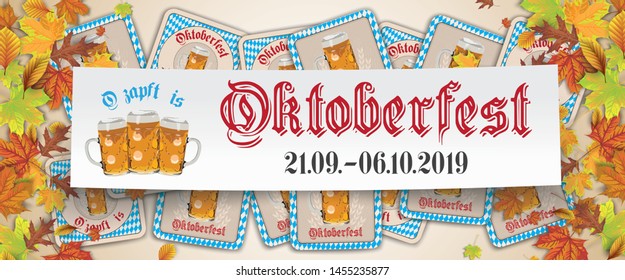 German text "O zapft is" and "Oktoberfest", translate "on tap" and "Oktoberfest". Eps 10 vector file.