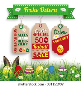 German text "Osterangebot, Alles Stark Reduziert, Frohe Ostern", translate "Easter Offer, Special Prices, Happy Easter".