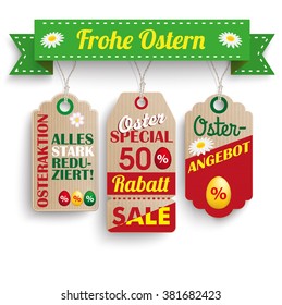 German text "Osterangebot, Alles Stark Reduziert, Frohe Ostern", translate "Easter Offer, Special Prices, Happy Easter".