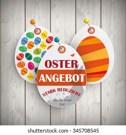 German text "Osterangebot, Stark reduziert", translate "Easter Offer, special discount". Eps 10 vector file.