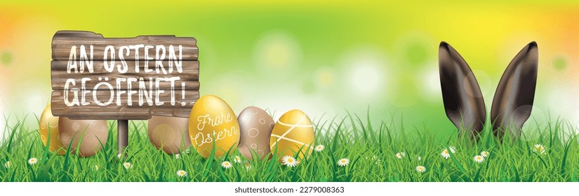 German text An Ostern geoeffnet, translate Open During Easter. Eps 10 vector file. 