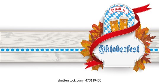 German text "Ozapft is" , translate "on tap". Emblem with foliage on the wooden background. Eps 10 vector file.