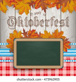 German text "Ozapft is", translate "on tap". Blackboard with wooden background. Eps 10 vector file.