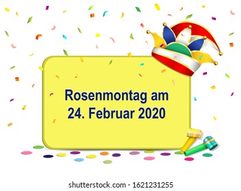 German text Rosenmontag, translate Carnival Monday, with Carnival hat, confetti and flute, vector illustration isolated on white background
