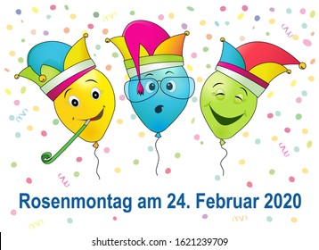 German text Rosenmontag, translate Carnival Monday, with funny balloons and confetti, vector illustration isolated on white background
