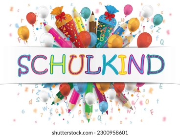 German text Schulkind, translate Schoolkid. Eps 10 vector file.