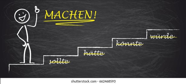 German text "sollte, haette, koennte, wuerde, Machen!", translate "should, should have, could, would, Make! Eps 10 vector file.