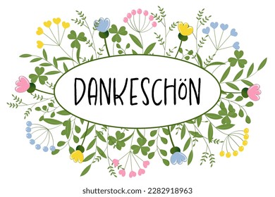 Dankeschön - German text - Thank you very much. Vector graphic with leaves and flowers in pastel colors.