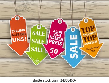 German text "Top Angebot", "Exklusiv nur bei uns", "Alles zum halben Preis" and "Nur fuer kurze Zeit", translate "Best Offer", "Exclusive our shop only", "all half price" and "limited time only". 