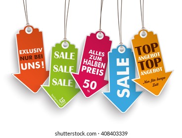 German text "Top Angebot", "Exklusiv nur bei uns", "Alles zum halben Preis", translate "Best Offer", "Exclusive our shop only", "all half price". Eps 10 vector file.