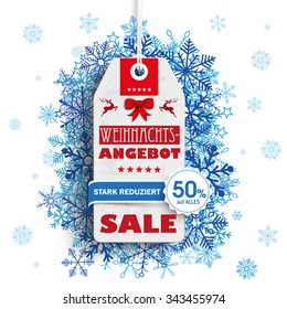 German text "Weihnachtsangebot, stark reduziert", translate "Christmas Offer, discount". Eps 10 vector file.