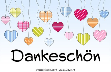 Dankeschön. German thank you phrase. Thank you card with a sky full of hearts.