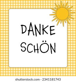 Dankeschön. German thank you phrase. Thank you card card with a sun on a yellow and white checkered background.