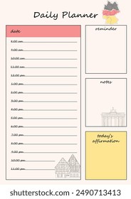 German themed day planner template. Contains a section for to-do schedules, notes, reminders and daily affirmations. The illustrations depict architecture and traditional German houses.