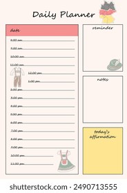 German themed day planner template. Contains a section for to-do schedules, notes, reminders and daily affirmations. The illustrations show traditional German clothing for men and women