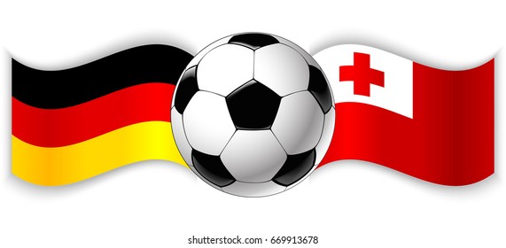 German and Tongan wavy flags with football ball. Germany combined with Tonga isolated on white. Football match or international sport competition concept.