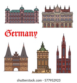 German tourist sights thin line icon set. Castle Gottesaue, Town Hall, Holsten Gate, hotel in water tower Wasserturm and lutheran church Marktkirche for travel landmarks design