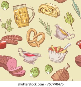 German Traditional Food Hand Drawn Seamless Pattern. Germany Cuisine Background. Food and Drink. Vector illustration