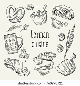 German Traditional Food Hand Drawn Outline Doodle. Germany Cuisine Menu Template. Food and Drink. Vector illustration