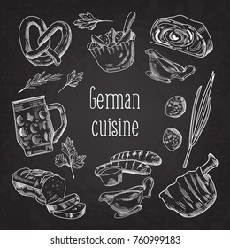 German Traditional Food Hand Drawn Chalkboard Doodle. Germany Cuisine Menu Template. Food and Drink. Vector illustration