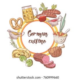 German Traditional Food Hand Drawn Doodle. Germany Cuisine Menu Template. Food and Drink. Vector illustration