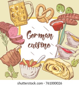 German Traditional Food Hand Drawn Background. Germany Cuisine Menu Template. Food and Drink. Vector illustration