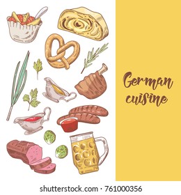 German Traditional Food Hand Drawn Doodle. Germany Cuisine Menu Template. Food and Drink. Vector illustration