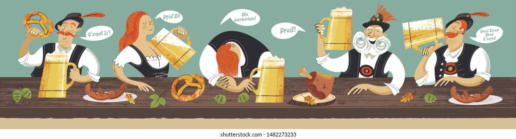 German traditional toast. Prost, Oans, Zwoa, Drei, G’suffa, O’zapft Is, Die Bierleichen Pfiat di. Vector illustration. People drink beer at the traditional Oktoberfest beer festival.