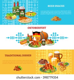 German traditional world largest folk festival ortoberfest 3 flat banners set with beer and snacks abstract vector illustration 