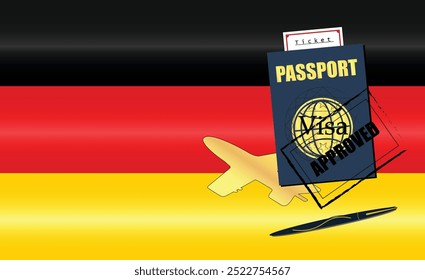 German Travel Documentation Concept with blue Passport and Germany Flag. Approved Stamp. Airplane and Traveling Tickets. Ideal for Immigration Tourism and Traveling Themes. Vector EPS available