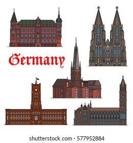 German travel landmark thin line icon set with architectural heritage of Germany. Cologne Cathedral, St. Lambert Church, Town Hall, Rotes Rathaus and Magdeburg Cathedral for travel design