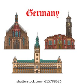 German travel landmarks of Nuremberg and Hamburg architecture thin line icon. Hamburg Rathaus or City Hall, Frauenkirche church and protestant baroque church of St Michaelis. Travel themes design