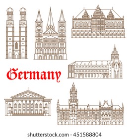 German travel landmarks thin line icons Munich National Theatre and New Town Hall, St. Peter's Church and Frauenkirche Cathedral also Bonn Cathedral and Bremen Town Hall