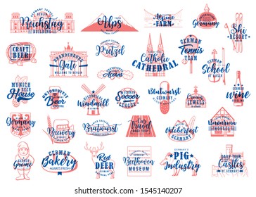 German travel lettering icons of food, drink and landmarks of Germany vector design. Oktoberfest beer, pretzel and sausage, Munich castle, Brandenburg gate, timbered house and Alps mountain icons