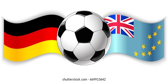 German and Tuvaluan wavy flags with football ball. Germany combined with Tuvalu isolated on white. Football match or international sport competition concept.