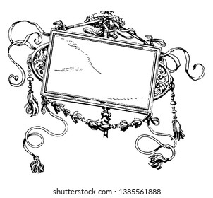 Marco tipográfico alemán a partir de la entrada triunfal del emperador Maximiliano, dibujo de línea vintage o ilustración de grabado.